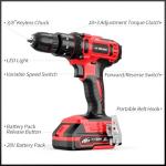20V Cordless Drill, Electric Power Drill Set with Battery Charger, 3/8” Keyless Chuck, 2 Variable Speed, 18+3 Torque, 72pcs Driver Bits and Belt Hook, Red