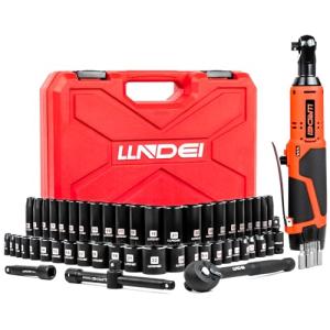 LLNDEI 3/8" 58Pcs Cordless Electric Ratchet Wrench Set with Socket Set,12V High Capacity Electric Wrench(40FT-LBS(55N.M)) with Adjustable Speed,etc, LED Light for Battery.