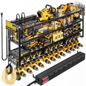 POKIPO 49.5" W Large Power Tool Organizer Wall Mount with Charging Station, 4-Tier Heavy Duty12 Cordless Drills Holder Load 600 lb, Tool Battery Storage Rack Built in 8 Outlet Power Strip for Garage