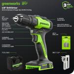 Greenworks 24V Brushless Cordless Drill Kit, 310 in./lbs, 18+1 Position Clutch, 1/2 '' Keyless Chuck, Variable Speed, (2)2Ah Batteries with 2A Charger, LED Light, 8pcs Drill Bits with Tool Bag