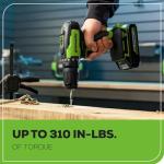 Greenworks 24V Brushless Cordless Drill Kit, 310 in./lbs, 18+1 Position Clutch, 1/2 '' Keyless Chuck, Variable Speed, (2)2Ah Batteries with 2A Charger, LED Light, 8pcs Drill Bits with Tool Bag