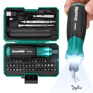 GRENPRO 4V Electric Screwdriver, Rechargeable Cordless Screwdriver Set with 51 Magnetic Bits, LED Light, Left/Right Rotation, USB Charging Cable & Carrying Case, Ideal for Home Repairs
