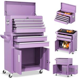 INTERGREAT 8 Drawers Tool Chest, 42'' Large Rolling Tool Chest with Drawers, Detachable Top Tool Box, Tool Cabinet for Repair Room,Warehouse, Rolling Tool Box with Hooks,Tray Divider,Liners(Purple)