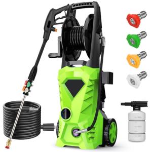 5000PSI Electric Pressure Washer - 2025 New Electric Power Washer with Upgraded 33ft Pressure Washer Hose Reel, Foam Cannon, 4 Nozzle Set, Power Washer for House/Patios/Car/Fence, Green