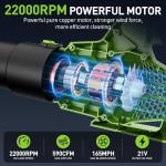 WorkBless Leaf Blower Cordless, 21V Electric Leaf Blower with 2 x 4.0Ah Batteries and Fast Charger, 22000RPM & 6 Speed Adjustable Blower for Lawn Care, Patio Cleaning, Dust, Snow Care(Green)