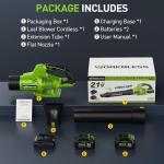 WorkBless Leaf Blower Cordless, 21V Electric Leaf Blower with 2 x 4.0Ah Batteries and Fast Charger, 22000RPM & 6 Speed Adjustable Blower for Lawn Care, Patio Cleaning, Dust, Snow Care(Green)