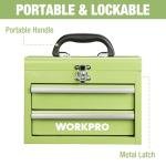 WORKPRO Portable Mini Tool Box, 2 Drawers Metal Tool Chest with Ball Bearing Slides, Top Storagewith Latch, Ergonomic Carrying Handle, Mechanic Toolbox with PVC Liners and PP Feet Pads