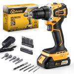 Aowei 20V Brushless Cordless Lithium-Ion Drill Set, Compact Design, Yellow Rechargeable Lithium-Ion Drill Kit, including 2.0Ah Battery, Charger and 3/8-inch Keyless Chuck