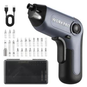 WORKPRO Electric Cordless Screwdriver with Offset Driving Shaft, 3.6V Automatic Rechargeable Screw Driver with 22PCS Bits, Battery Powered Automatic Screw Gun with LED Light & Carrying Case