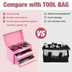 WORKPRO Mini Metal Tool Box with 2 Drawers and Top Storage, Small Tool Chest with PVC Liners and PP Feet Pads, Cold Rolled Steel Toolbox with Magnetic Tab - Pink Ribbon