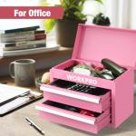 WORKPRO Mini Metal Tool Box with 2 Drawers and Top Storage, Small Tool Chest with PVC Liners and PP Feet Pads, Cold Rolled Steel Toolbox with Magnetic Tab - Pink Ribbon