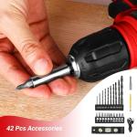 DEKOPRO 8V Cordless Drill, Drill Set with 3/8"Keyless Chuck, 42pcs Acessories, Built-in LED, Type-C Charge Cable, Red Power Drill for Drilling and Tightening/Loosening Screws