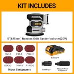 Cordless Orbital Sander: DEKOPRO 20V Random Orbit Sander, 5inch Power Palm Sander Electric Sanders Tool with Battery, Charger, Dust Collector, 16 Pcs Sanding Discs for Woodwroking