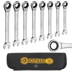 8-Piece Ratcheting Combination Wrench Set, Matte Silver Finish, SAE 5/16-3/4 in, 72-Tooth Ratchet Gears, 5° Swing Arc, Anti-Slip Tooth Design, Cr-V Steel, Full Chrome Plated, Foldable Storage Pouch