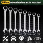 8-Piece Ratcheting Combination Wrench Set, Matte Silver Finish, SAE 5/16-3/4 in, 72-Tooth Ratchet Gears, 5° Swing Arc, Anti-Slip Tooth Design, Cr-V Steel, Full Chrome Plated, Foldable Storage Pouch