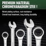 8-Piece Ratcheting Combination Wrench Set, Matte Silver Finish, SAE 5/16-3/4 in, 72-Tooth Ratchet Gears, 5° Swing Arc, Anti-Slip Tooth Design, Cr-V Steel, Full Chrome Plated, Foldable Storage Pouch