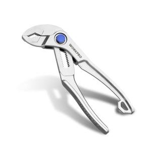 WORKPRO Mini Water Pump Pliers, 4-Inch Groove Joint Pliers, Fast Adjustable Tongue and Groove Pliers with 15-Position Push-Lock, V-Jaw for Multi-Surface Grip, Ideal for Tight Spaces and Versatile Use