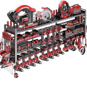 Shomextol 49.8" W Super Large Power Tool Organizer Wall Mount,4-Layer Heavy Duty Tool Storage with 18 Cordless Drill Holder,600 lb Capacity Garage Organization for Garage and Workshop (Black)