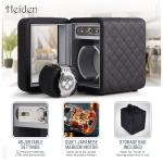 Heiden Monaco Watch Winder - Automatic Watch Winder for Automatic Watches, Rolex - Black Leather - Battery Powered or AC Adapter, 12 Program Settings, Diamond Stitched Vegan Leather