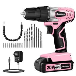 AVID POWER 20V MAX Lithium lon Cordless Drill Set, Power Drill Kit with Battery and Charger, 3/8-Inch Keyless Chuck, Variable Speed, 16 Position and 22pcs Bits (Pink)
