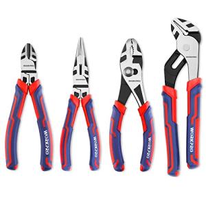 WORKPRO 4-Piece Pliers Set - Premium CR-V Construction Tool Set Including Long Nose, Diagonal Cutting, Groove Joint and Slip Joint Pliers - Red