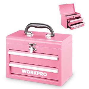 WORKPRO Portable Mini Tool Box, 2 Drawers Metal Tool Chest with Ball Bearing Slides, Top Storage with Latch, Ergonomic Carrying Handle, Toolbox with PVC Liners and PP Feet Pads - Pink Ribbon