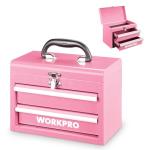 WORKPRO Portable Mini Tool Box, 2 Drawers Metal Tool Chest with Ball Bearing Slides, Top Storage with Latch, Ergonomic Carrying Handle, Toolbox with PVC Liners and PP Feet Pads - Pink Ribbon