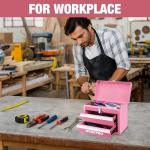 WORKPRO Portable Mini Tool Box, 2 Drawers Metal Tool Chest with Ball Bearing Slides, Top Storage with Latch, Ergonomic Carrying Handle, Toolbox with PVC Liners and PP Feet Pads - Pink Ribbon