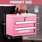 WORKPRO Portable Mini Tool Box, 2 Drawers Metal Tool Chest with Ball Bearing Slides, Top Storage with Latch, Ergonomic Carrying Handle, Toolbox with PVC Liners and PP Feet Pads - Pink Ribbon