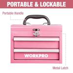 WORKPRO Portable Mini Tool Box, 2 Drawers Metal Tool Chest with Ball Bearing Slides, Top Storage with Latch, Ergonomic Carrying Handle, Toolbox with PVC Liners and PP Feet Pads - Pink Ribbon