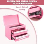 WORKPRO Portable Mini Tool Box, 2 Drawers Metal Tool Chest with Ball Bearing Slides, Top Storage with Latch, Ergonomic Carrying Handle, Toolbox with PVC Liners and PP Feet Pads - Pink Ribbon