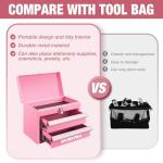 WORKPRO Portable Mini Tool Box, 2 Drawers Metal Tool Chest with Ball Bearing Slides, Top Storage with Latch, Ergonomic Carrying Handle, Toolbox with PVC Liners and PP Feet Pads - Pink Ribbon