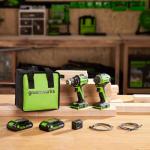 Greenworks 24V Cordless Brushless 400 in-lbs Drill/Driver+1950 in-lbs Impact Driver Combo,High Torque, Lightweight, (2) 2.0Ah USB-C Batteries(12,000mAh Power Bank) and 65W USB-C Fast Charger(3-Port)