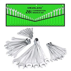SWANLAKE 26PCS Combination Wrench Set with Roll-up Pouch, wrench set metric and standard, SAE 1/4” - 1” and Metric 8mm - 24mm