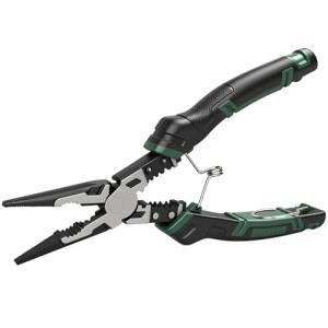 9'' Needle Nose Pliers, 6-in-1 Multifunction Long Nose Pliers, with Spring Loaded Safety Lock, for Fastening, Winding, Cutting, Stripping, Crimping, Clamping