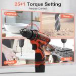 Cordless Drill Set,12V Power Drill Driver 3/8" Keyless Chuck with 42 Acessories, Built-in LED Light, 25+1 Position, Electric Drill for Home DIY Projects (Orange)