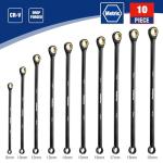 WORKPRO Extra Long Ratcheting Wrench Set, 10-Piece Anti-Slip Double Box Wrenches Set, Metric 8-19 mm, 72-Teeth, Cr-V Steel and Black Electrophoretic Coating Wrenches with Rolling Pouch