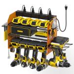 Power Tool Organizer Wall Mount, Modular Tool Storage with Charging Station, Garage 4 Drill Storage Shelf with Hooks, Hammer/Plier Holder, 8 Outlet Power Strip, Heavy Duty Rack for Workshop