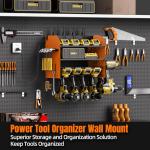 Power Tool Organizer Wall Mount, Modular Tool Storage with Charging Station, Garage 4 Drill Storage Shelf with Hooks, Hammer/Plier Holder, 8 Outlet Power Strip, Heavy Duty Rack for Workshop