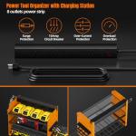 Power Tool Organizer Wall Mount, Modular Tool Storage with Charging Station, Garage 4 Drill Storage Shelf with Hooks, Hammer/Plier Holder, 8 Outlet Power Strip, Heavy Duty Rack for Workshop