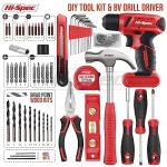 Hi-Spec 58pc Red 8V USB Electric Power Cordless Drill Driver and Home DIY Tool Kit Set. Screw Driver and Drill Bit Set Accessories, Pliers and Hammer In a Toolbox Case