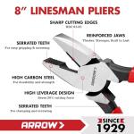 ARROW 8" High Leverage Linemans Pliers, Side Cutters, Linesman Pliers for Wire Cutting, Gripping