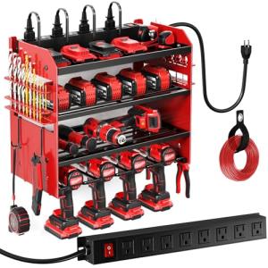 POKIPO Power Tool Organizer Wall Mount with Charging Station,Tool Storage Rack with 8 Outlet Power Strip,Heavy Duty Metal Battery Utility Rack with 4 Cordless Drill Holder 6.56 Ft Cord for Garage