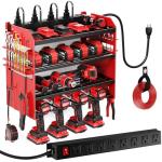 POKIPO Power Tool Organizer Wall Mount with Charging Station,Tool Storage Rack with 8 Outlet Power Strip,Heavy Duty Metal Battery Utility Rack with 4 Cordless Drill Holder 6.56 Ft Cord for Garage