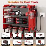 POKIPO Power Tool Organizer Wall Mount with Charging Station,Tool Storage Rack with 8 Outlet Power Strip,Heavy Duty Metal Battery Utility Rack with 4 Cordless Drill Holder 6.56 Ft Cord for Garage