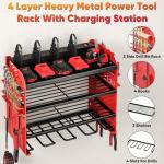 POKIPO Power Tool Organizer Wall Mount with Charging Station,Tool Storage Rack with 8 Outlet Power Strip,Heavy Duty Metal Battery Utility Rack with 4 Cordless Drill Holder 6.56 Ft Cord for Garage