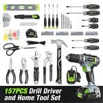 WORKPRO Home Tool Set with 20V Cordless Lithium-Ion Drill Driver, Household Repairing Tool Kit with Drill, 157PCS Power Drill Sets, 14-Inch Wide Mouth Storage Tool Bag, Green
