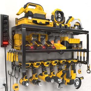 Spampur Power Tool Organizer Wall Mount with Charging Station, 8 Slots for Cordless Drill Hanger Storage, Tool Battery Holde with 4 Outlet Power Strip, Drill Holder Heavy Duty Garage Organizers