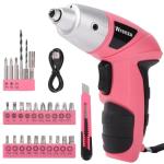 Wrenzo Electric Screwdriver, 3.6V Cordless & Rechargeable Screwdriver Set, 28pc Drill Set with Led Lights, USB Charging Cable, Tool Knife, Pink