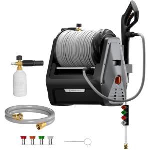 Giraffe Tools Grandfalls Retractable Wall Mount Pressure Washer Plus, Max 2900PSI 2.2 GPM, Electric Power Washer with 100ft Pressure Hose for Car/Patios, Automatic Rewind, Dark Silver